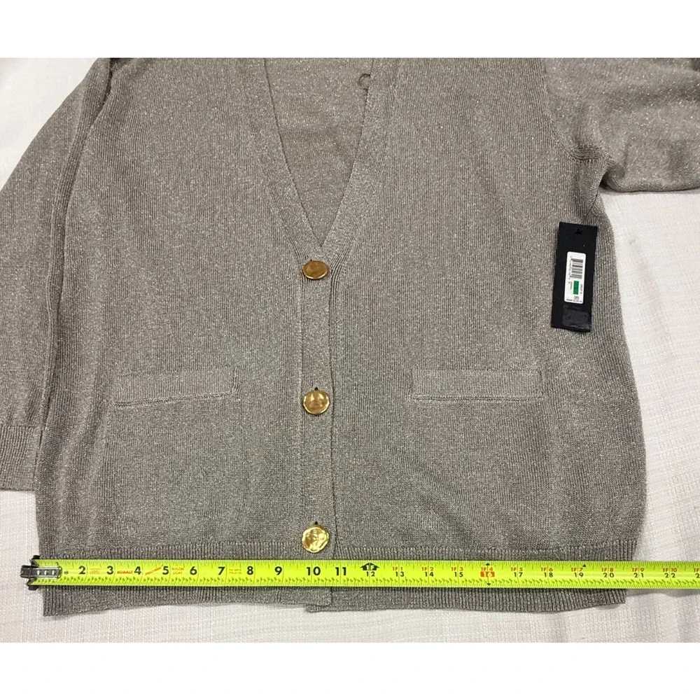 Donna Karan New York Cardigan Sweater Large Metallic Knit Gold Button NWT